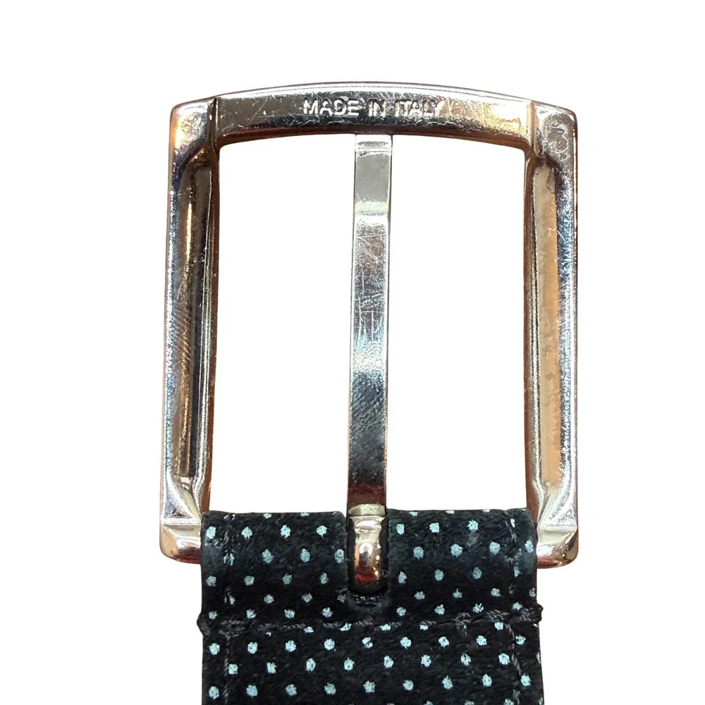 Bugatchi Mens Black White Polka Dot Leather Dress Belt Made in Italy Size 40 42